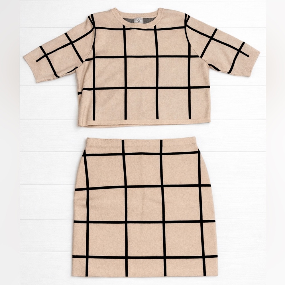 Sioni Tan and Black Grid Skirt Set